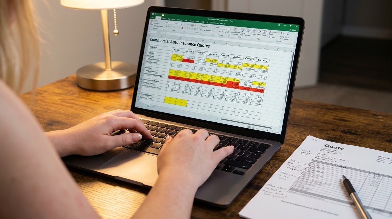 Female owner-operator hands working on laptop spreadsheet comparing seven commercial auto insurance quotes from different carriers side by side