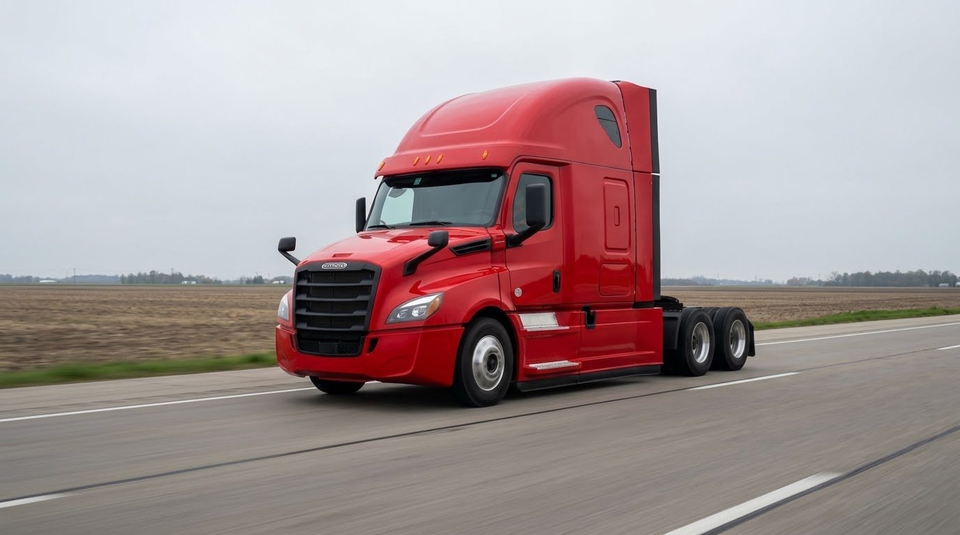 White semi-truck tractor driving alone without trailer on open Ohio interstate highway showing classic bobtail configuration