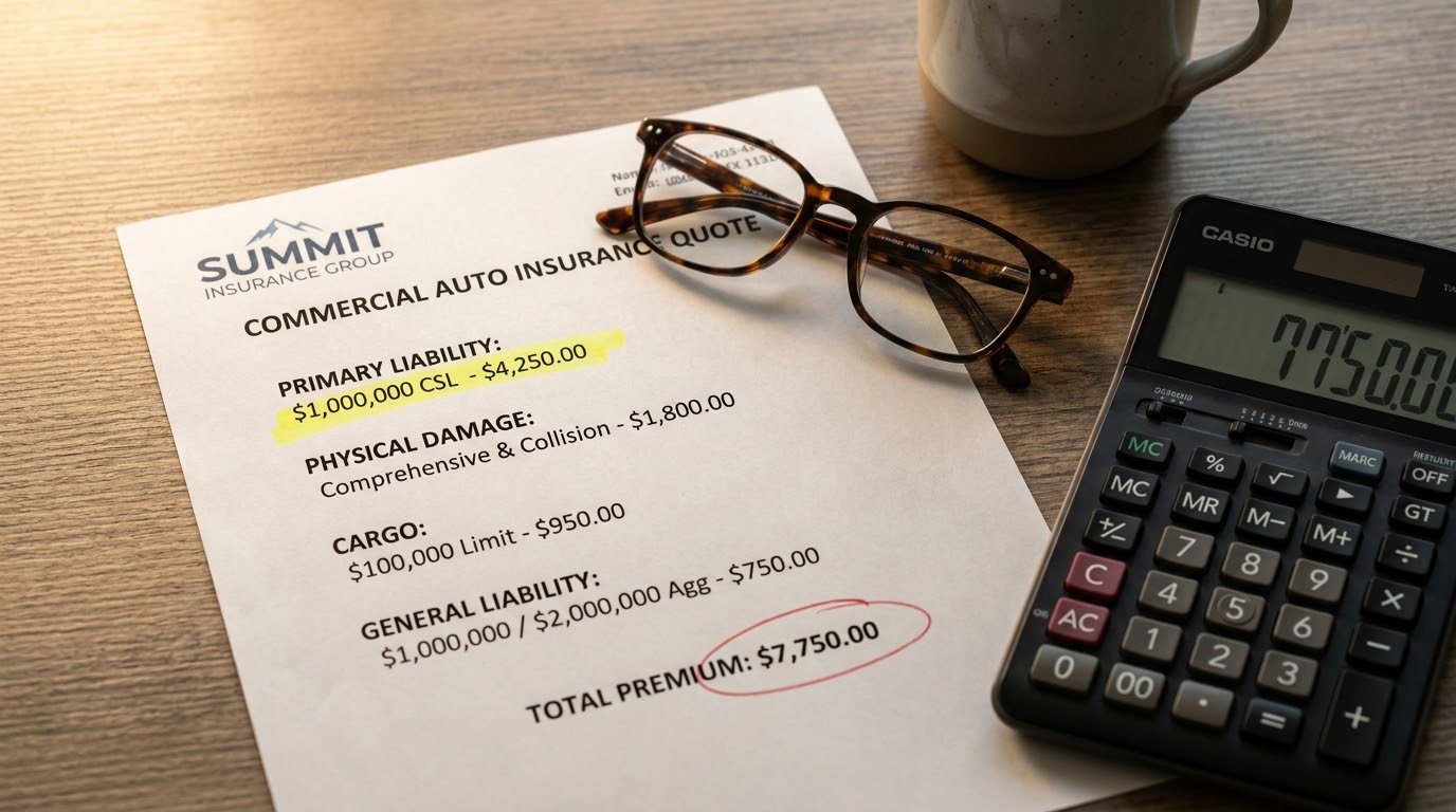 Commercial auto insurance quote document showing coverage components including primary liability physical damage and cargo with highlighted premium amounts