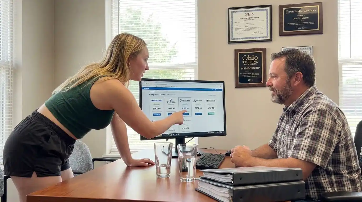 Female hotshot trucking operator comparing insurance quotes from five different carriers on broker computer screen in Columbus Ohio insurance office