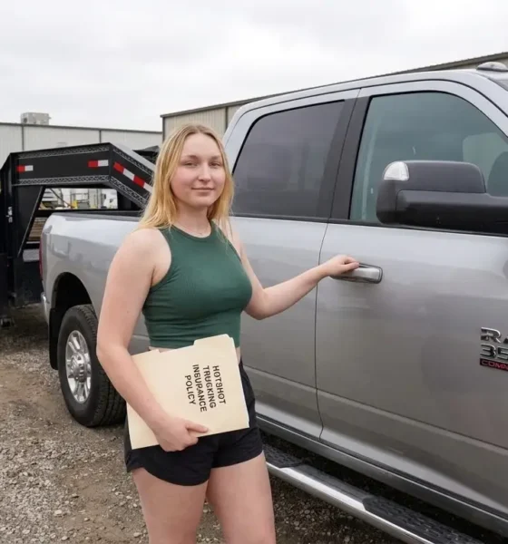 Female hotshot trucking operator standing beside Ram 3500 pickup truck with gooseneck trailer holding insurance documents at Columbus Ohio freight yard